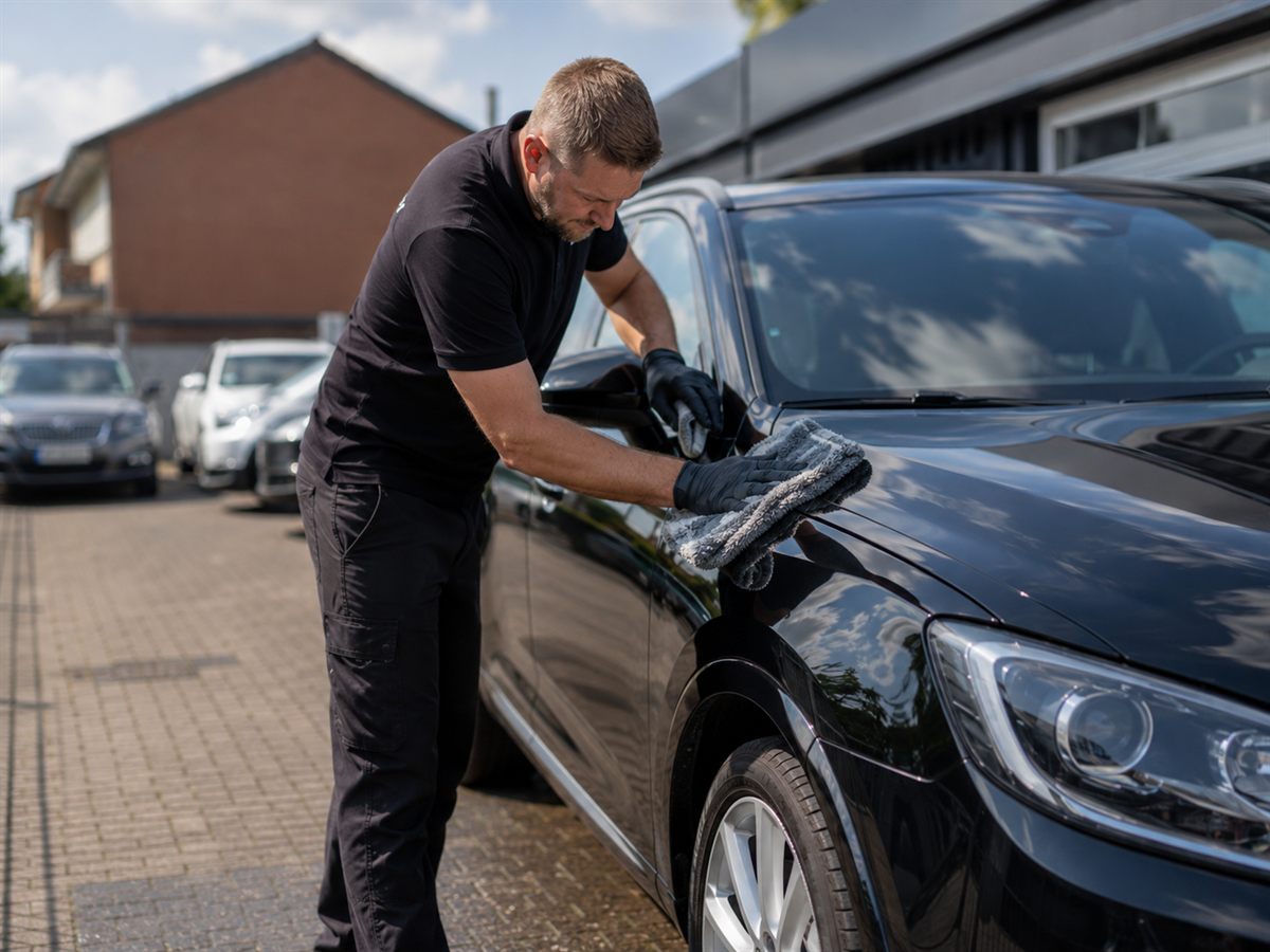 Mitarbeiter von Car Company poliert die Karosserie eines schwarzen Fahrzeugs