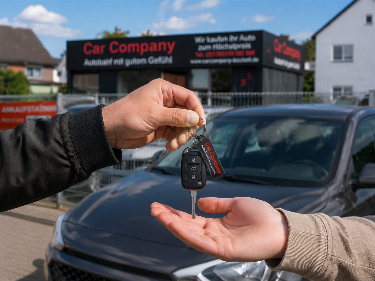 Schlüsselübergabe beim Fahrzeugankauf vor dem Standort von Car Company in Bocholt