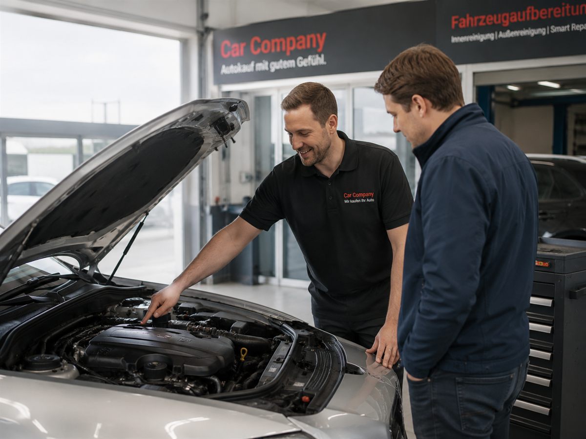 Berater von Car Company begutachtet gemeinsam mit einem Kunden den Motorraum eines Fahrzeugs