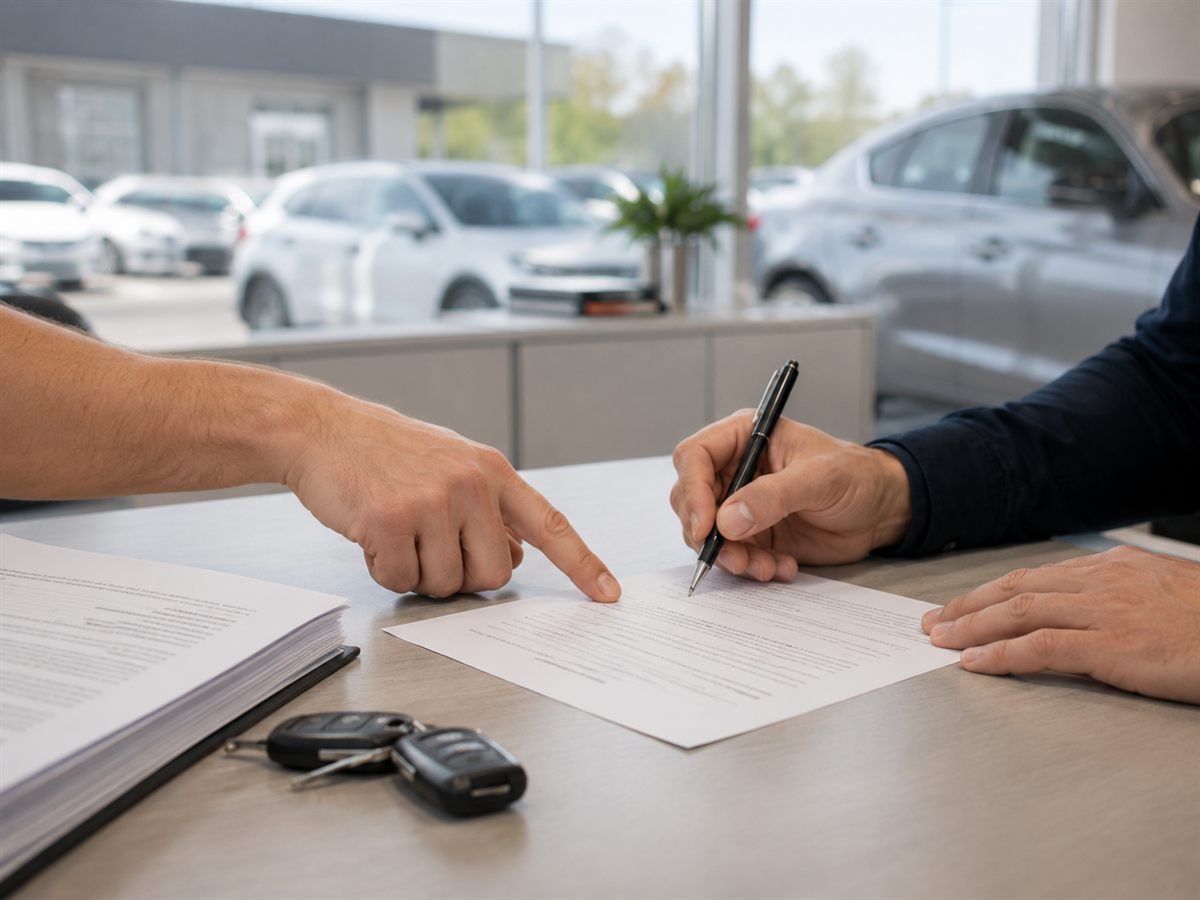 Handschlag zwischen Kunde und Mitarbeiter von Car Company vor einem Gebrauchtwagen mit Qualitätsgarantie